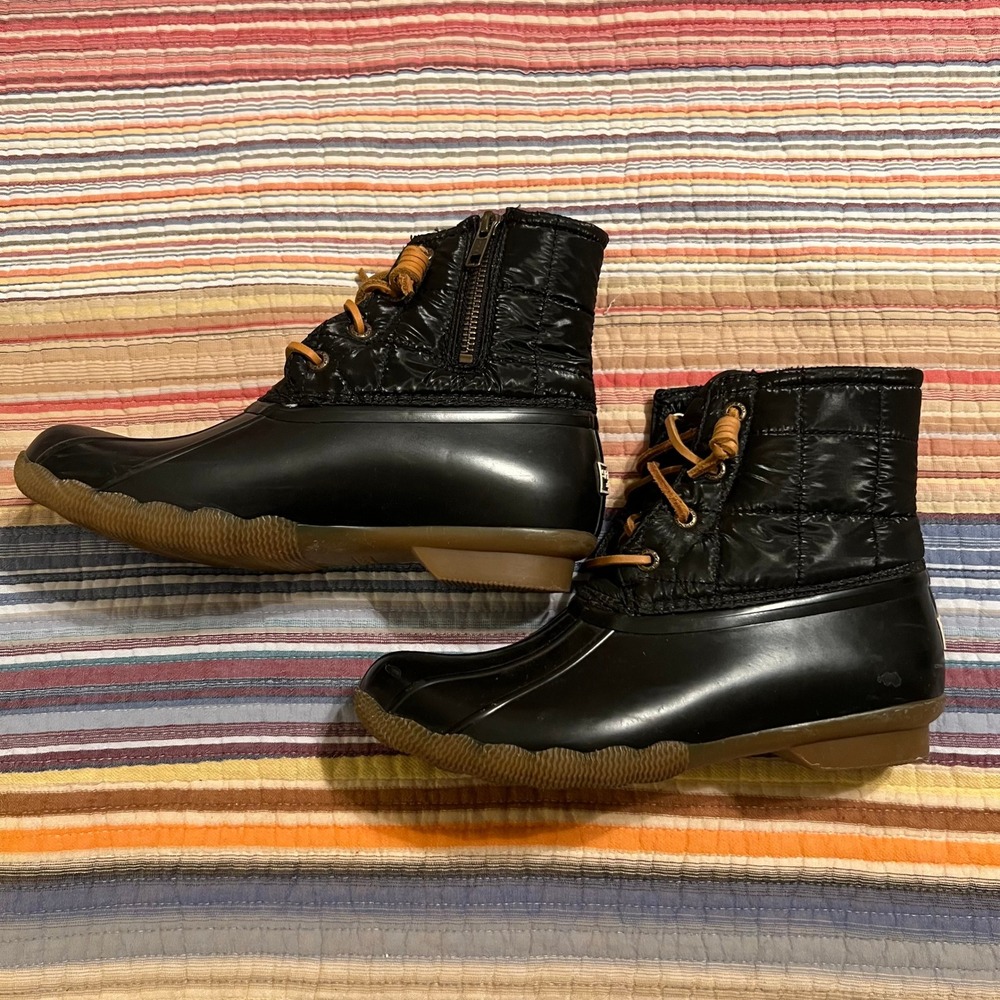 Sperry Women's Black Quilted Puffer Rubber Duck‎ Rain Boots Side Zip Lace Up